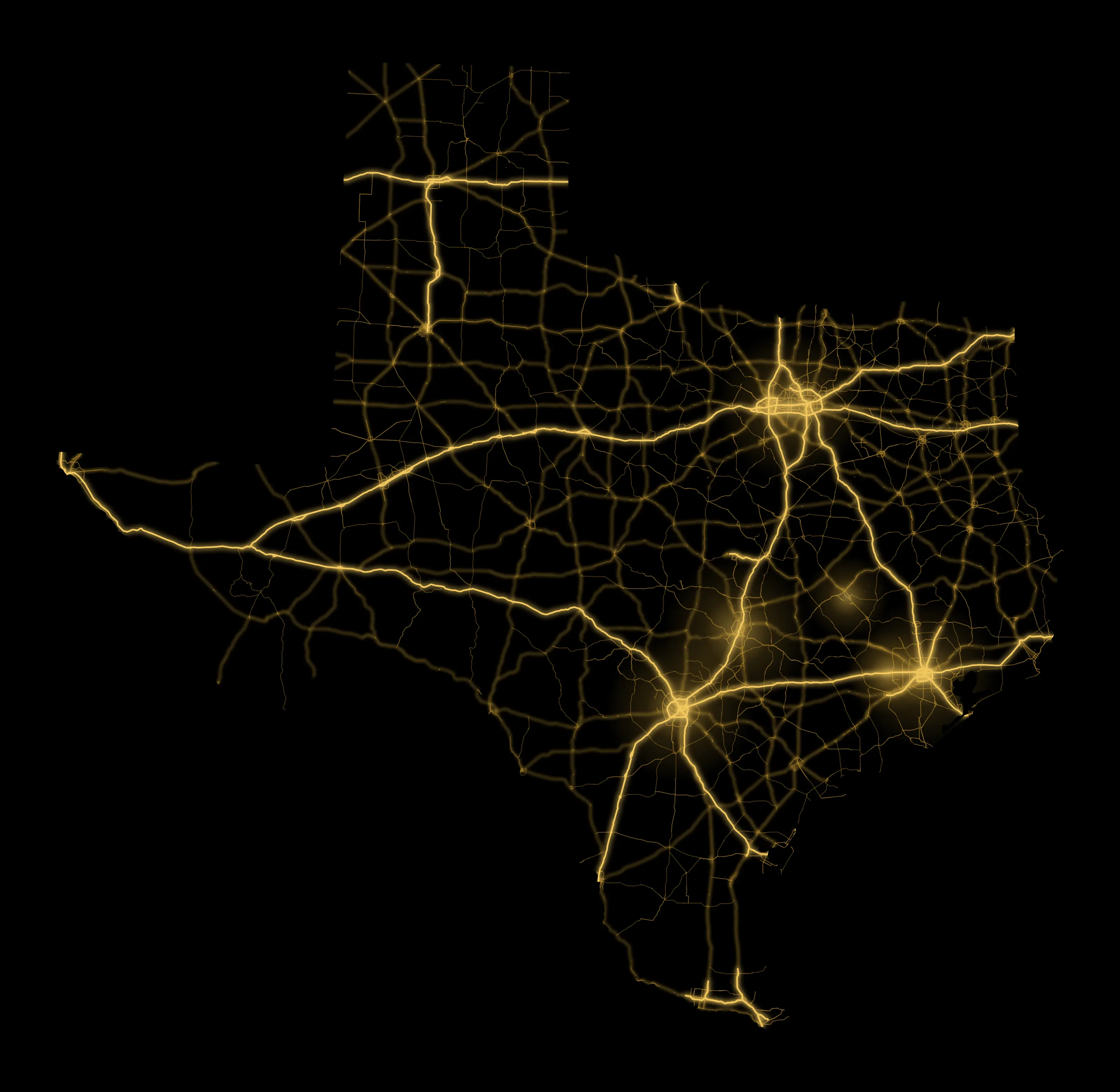 Texas primary and secondary road network, night-lights style, generated from US Census TIGER 2023 data.
