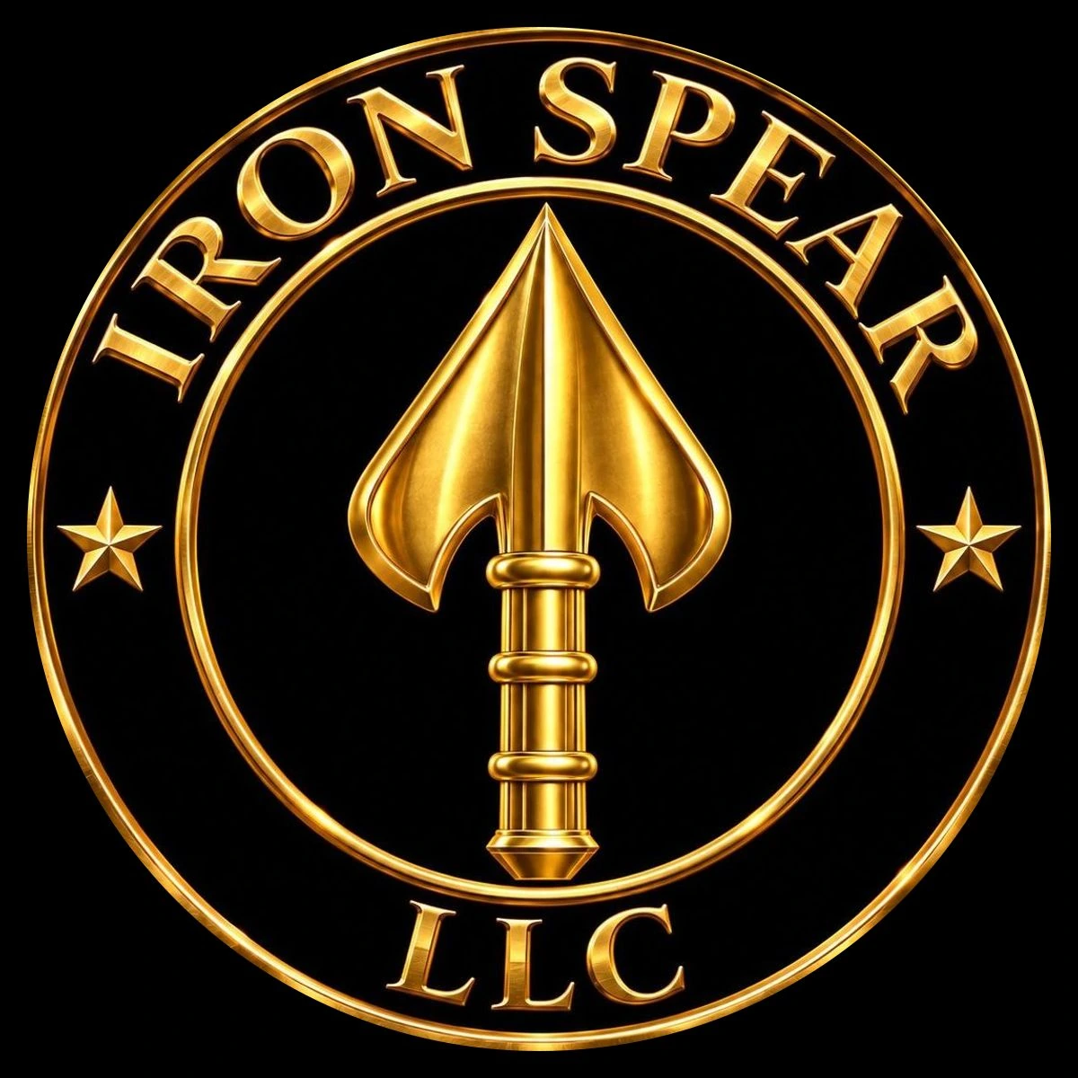 Iron Spear LLC logo, gold spearhead within a circular seal