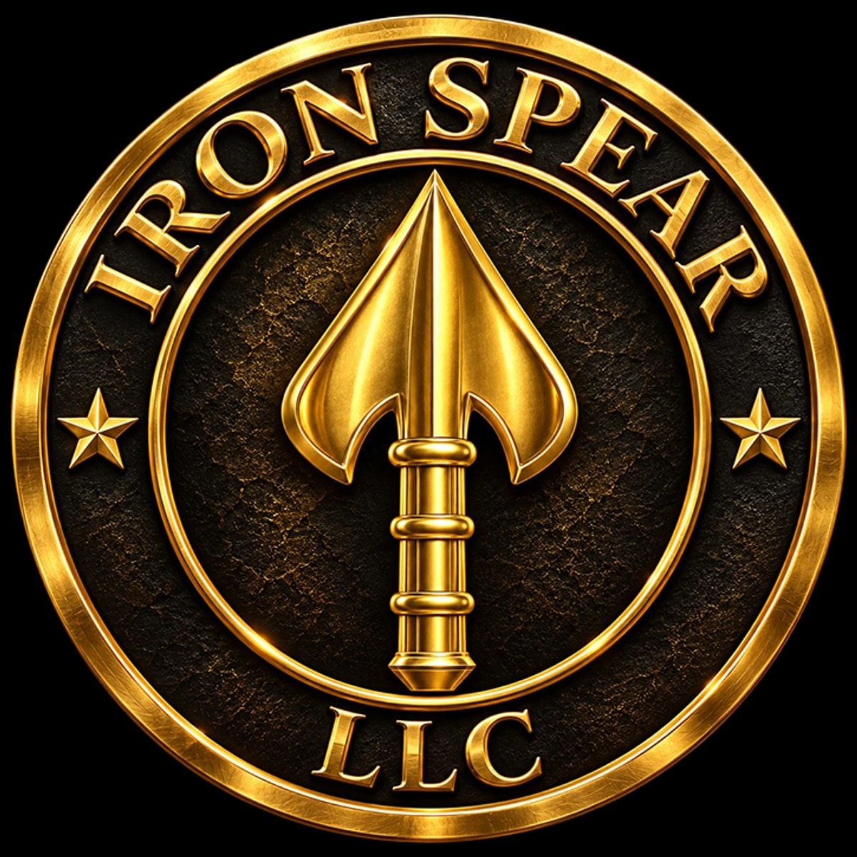 Iron Spear LLC logo, gold spearhead within a circular seal